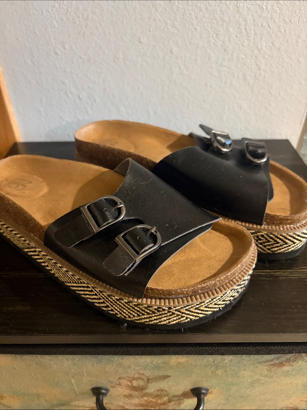 NOBO Black Double-Buckle Woven Platform Slide Sandals